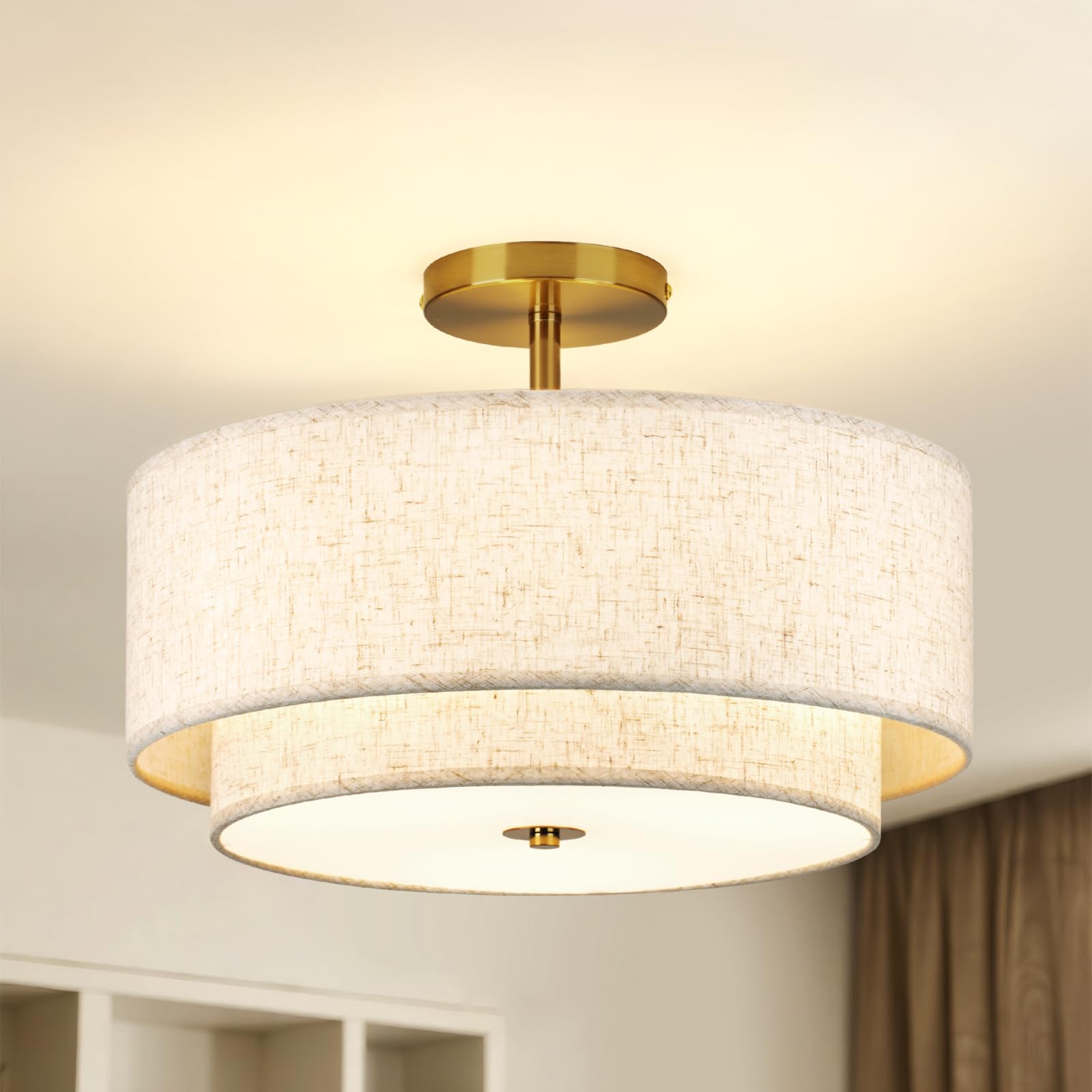 Calokes 16 Inch Double Drum Gold 3 Light Semi Flush Mount