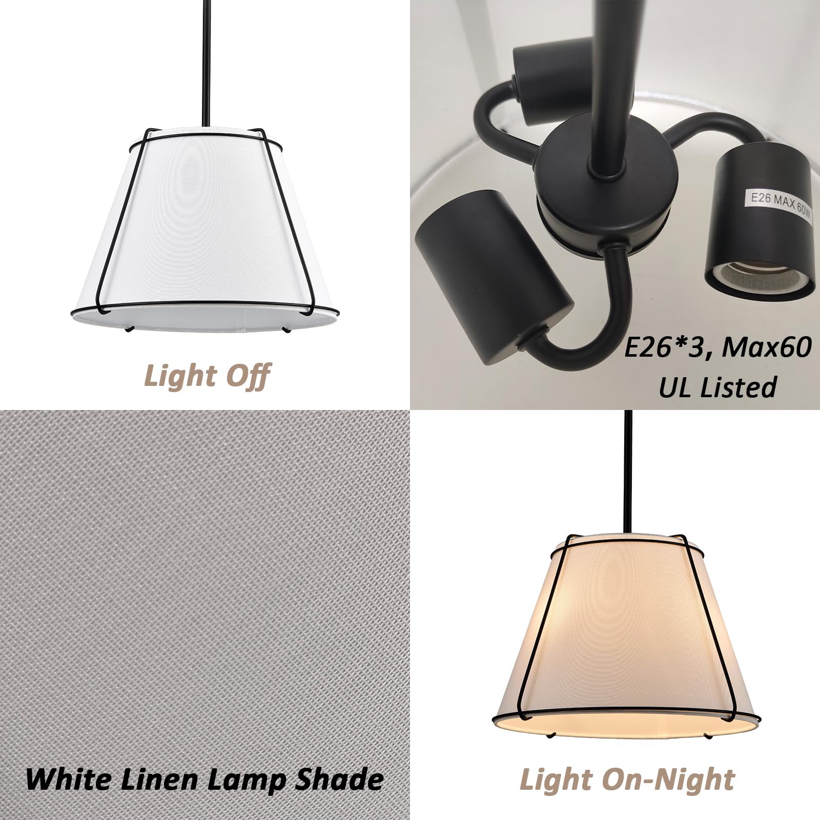 AXILAND 16 Inch Black Drum Pendant With White Linen Shade